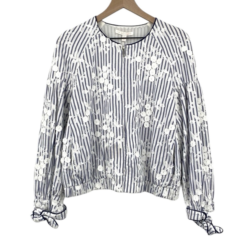 Zara Bomber Jacket Women’s Large Floral Embroidered Blue White Striped Zip Up